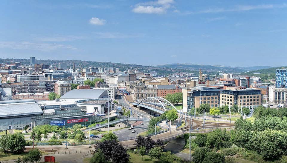 Sheffield city centre skyline with high-rise buildings and motorways